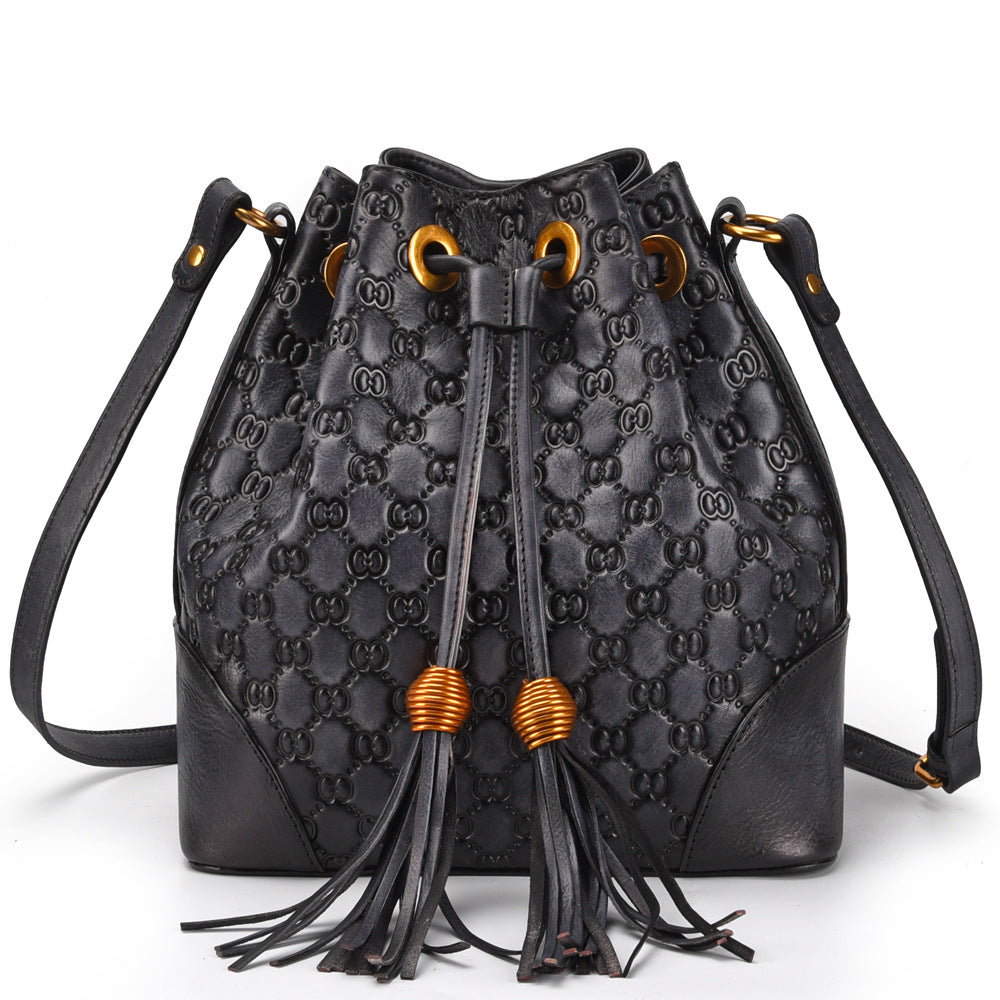 Vintage Leather Bucket Bag for Women - Versatile Design
