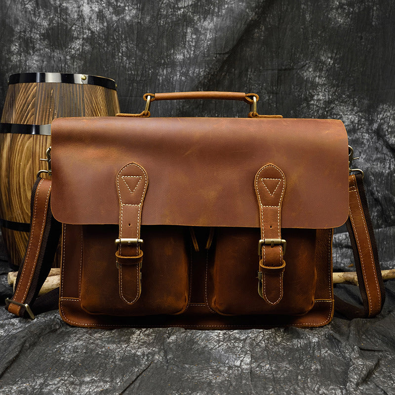 Men's Retro Crazy Horse Leather Messenger Briefcase