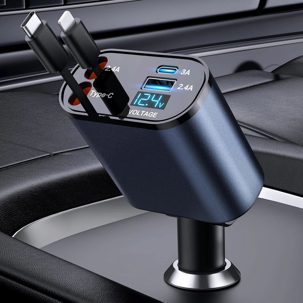 Retractable Car Charger 4 in 1 Fast Car Phone Charger 120W With USB Type C Cable
