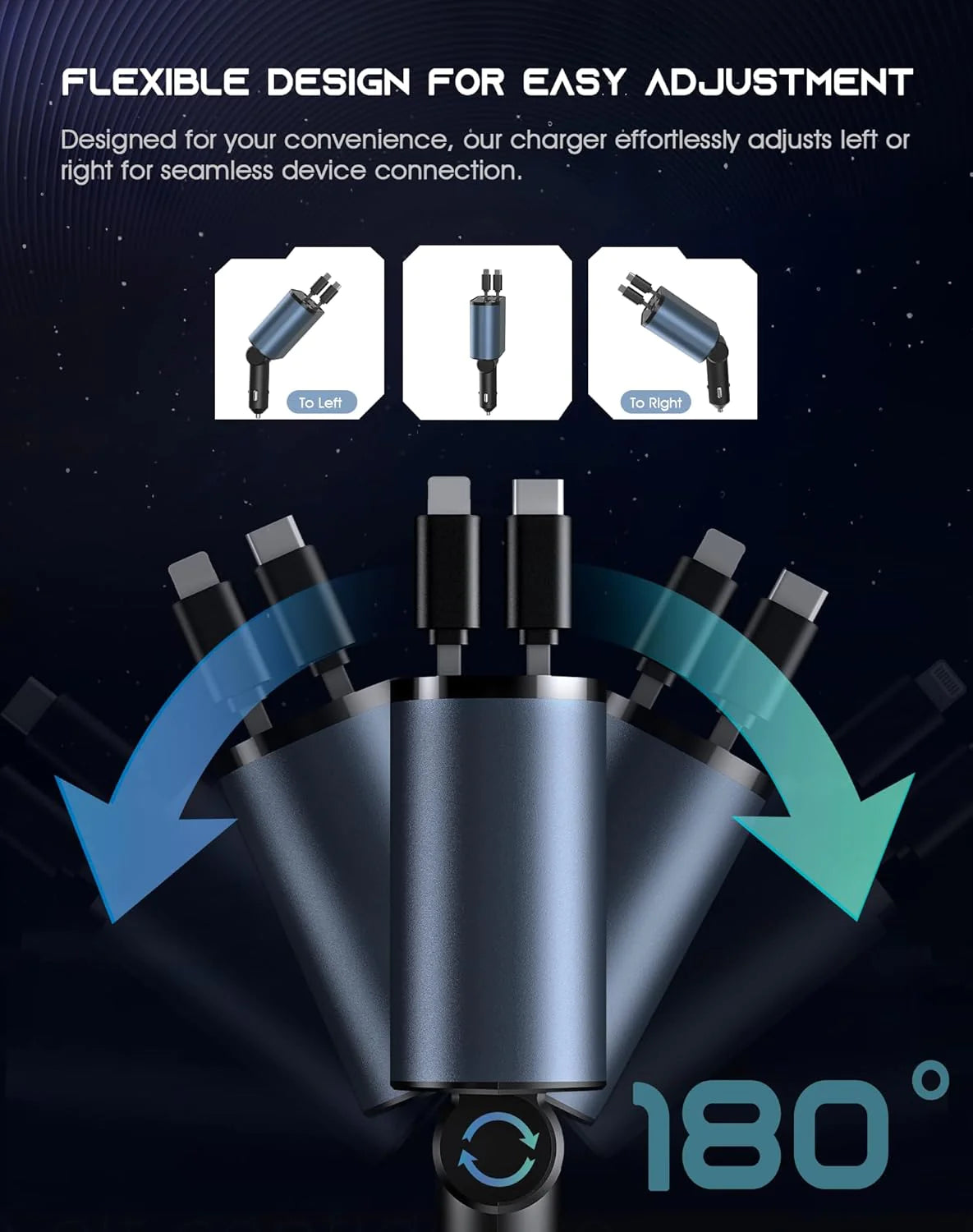 Retractable Car Charger 4 in 1 Fast Car Phone Charger 120W With USB Type C Cable