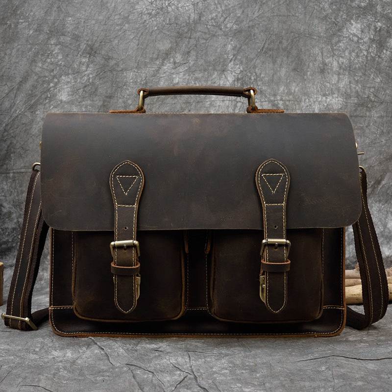 Men's Retro Crazy Horse Leather Messenger Briefcase
