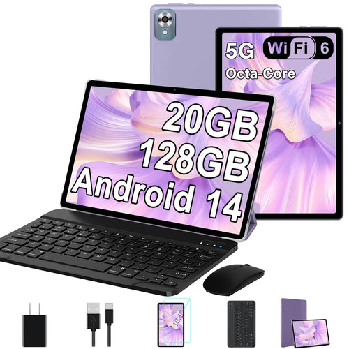 2025 Android 14 Tablet with Keyboard 20GB+128GB+1TB Expand 10.1 Inch Octa-Core 2-in-1 Tablets with HD IPS Display 5G WiFi 6 6000mAh Battery BT5.0 Split Screen Widevine L1 Mouse Case -Purple